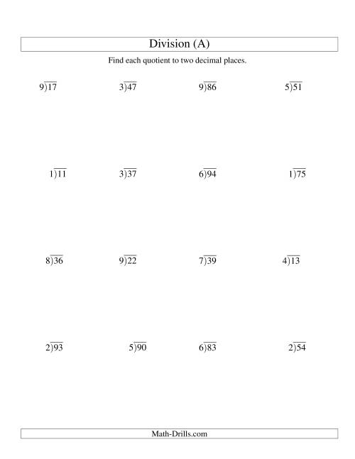 The Long Division - One-Digit Divisor and a Two-Digit Dividend with a Decimal Quotient (A) Math Worksheet
