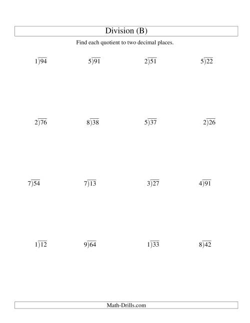 The Long Division - One-Digit Divisor and a Two-Digit Dividend with a Decimal Quotient (B) Math Worksheet