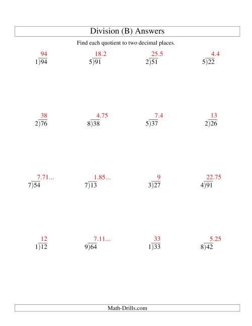 The Long Division - One-Digit Divisor and a Two-Digit Dividend with a Decimal Quotient (B) Math Worksheet Page 2