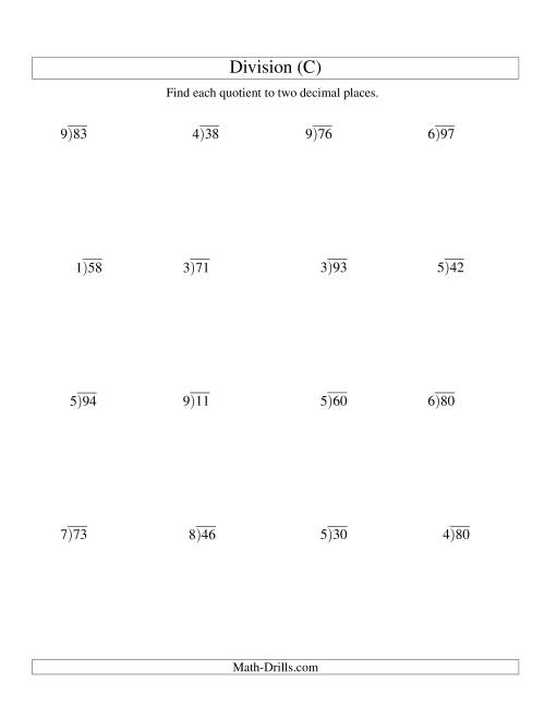 The Long Division - One-Digit Divisor and a Two-Digit Dividend with a Decimal Quotient (C) Math Worksheet