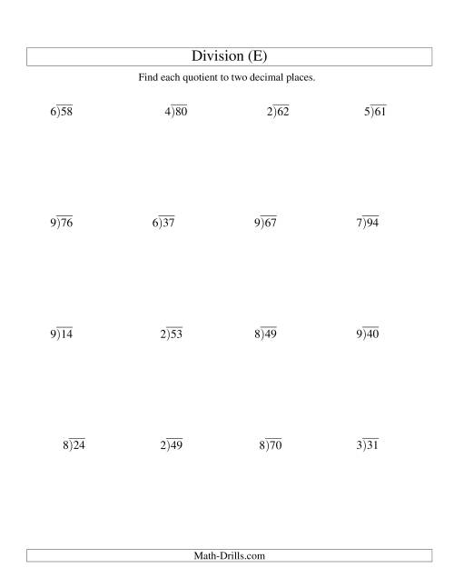 The Long Division - One-Digit Divisor and a Two-Digit Dividend with a Decimal Quotient (E) Math Worksheet