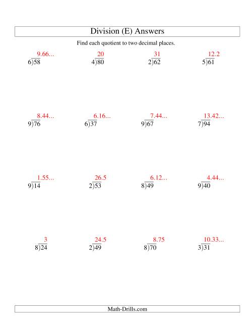 The Long Division - One-Digit Divisor and a Two-Digit Dividend with a Decimal Quotient (E) Math Worksheet Page 2