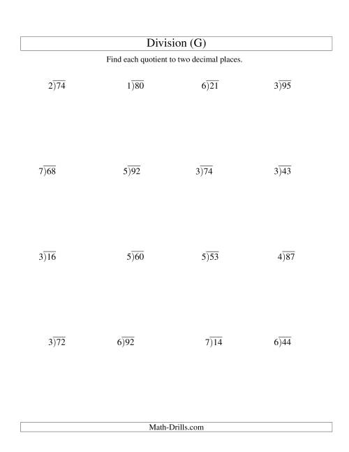 The Long Division - One-Digit Divisor and a Two-Digit Dividend with a Decimal Quotient (G) Math Worksheet