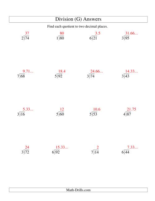 The Long Division - One-Digit Divisor and a Two-Digit Dividend with a Decimal Quotient (G) Math Worksheet Page 2