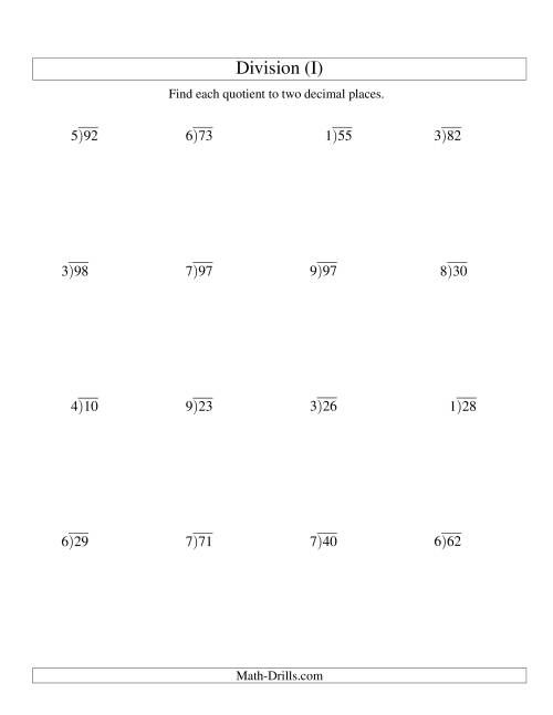 The Long Division - One-Digit Divisor and a Two-Digit Dividend with a Decimal Quotient (I) Math Worksheet