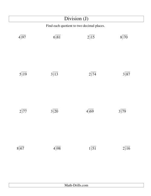 The Long Division - One-Digit Divisor and a Two-Digit Dividend with a Decimal Quotient (J) Math Worksheet
