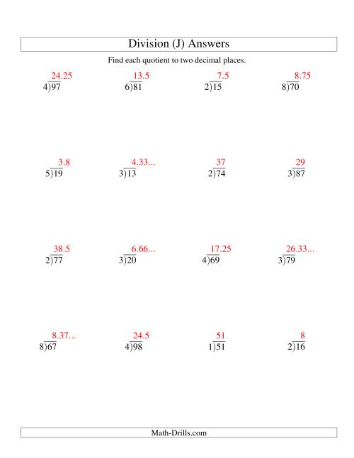 The Long Division - One-Digit Divisor and a Two-Digit Dividend with a Decimal Quotient (J) Math Worksheet Page 2