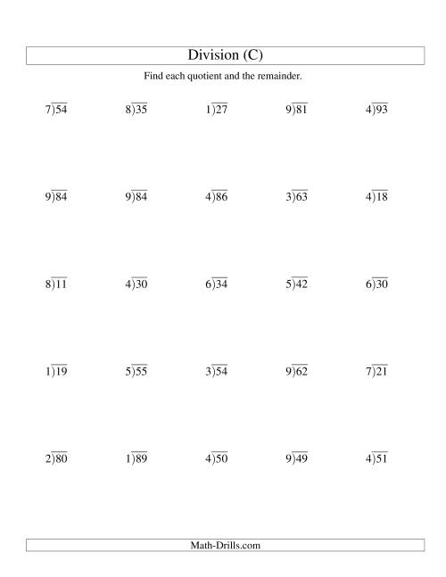 The Long Division - One-Digit Divisor and a Two-Digit Dividend with a Remainder (C) Math Worksheet