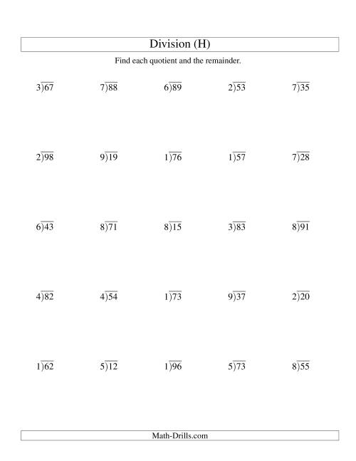 The Long Division - One-Digit Divisor and a Two-Digit Dividend with a Remainder (H) Math Worksheet