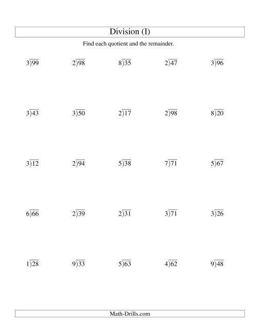 The Long Division - One-Digit Divisor and a Two-Digit Dividend with a Remainder (I) Math Worksheet