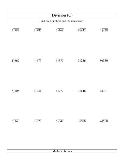 The Long Division - One-Digit Divisor and a Three-Digit Dividend with a Remainder (C) Math Worksheet