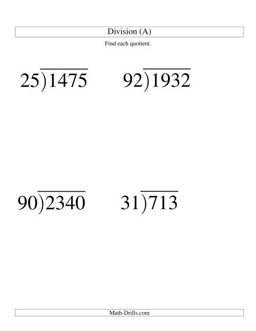 The Long Division - Two-Digit Divisor and a Two-Digit Quotient with No Remainder -- Large Print (A) Math Worksheet