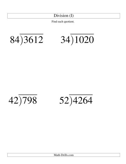 The Long Division - Two-Digit Divisor and a Two-Digit Quotient with No Remainder -- Large Print (I) Math Worksheet