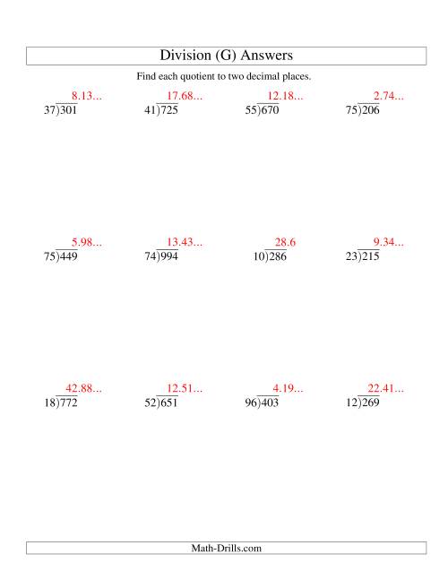 The Long Division - Two-Digit Divisor and a Three-Digit Dividend with a Decimal Quotient (G) Math Worksheet Page 2