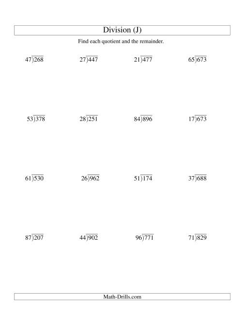 The Long Division - Two-Digit Divisor and a Three-Digit Dividend with a Remainder (J) Math Worksheet