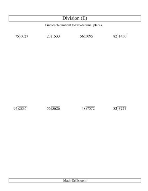 The Long Division - Two-Digit Divisor and a Four-Digit Dividend with a Decimal Quotient (E) Math Worksheet
