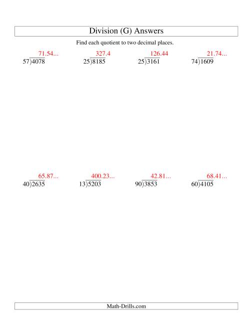 The Long Division - Two-Digit Divisor and a Four-Digit Dividend with a Decimal Quotient (G) Math Worksheet Page 2
