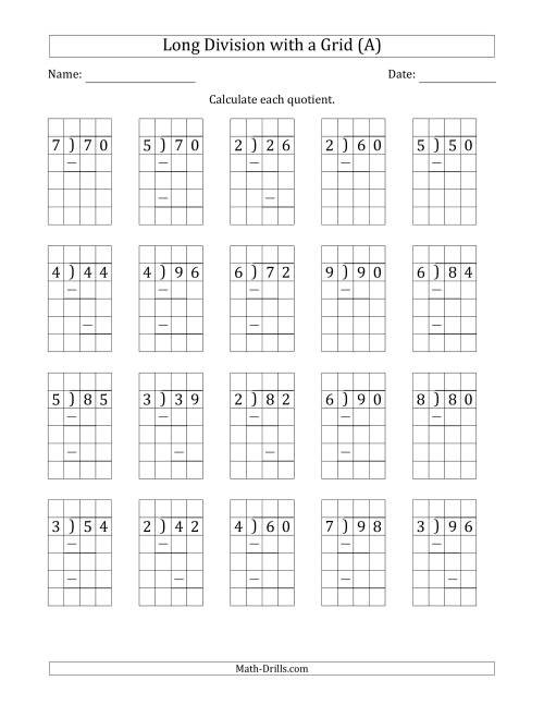 The 2-Digit by 1-Digit Long Division with Grid Assistance and Prompts and NO Remainders (A) Math Worksheet