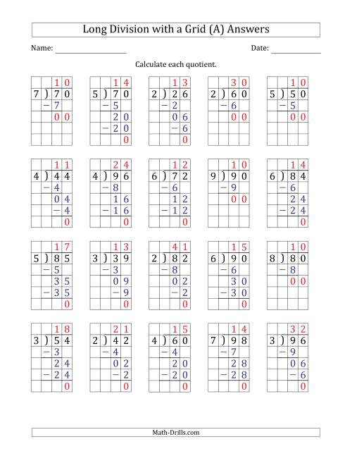 The 2-Digit by 1-Digit Long Division with Grid Assistance and Prompts and NO Remainders (A) Math Worksheet Page 2