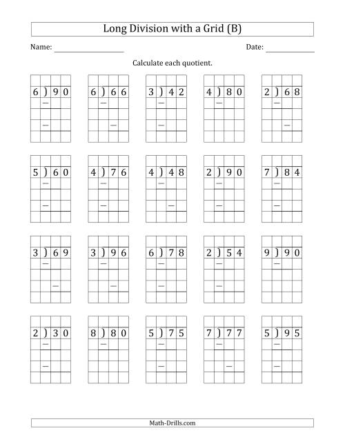 The 2-Digit by 1-Digit Long Division with Grid Assistance and Prompts and NO Remainders (B) Math Worksheet