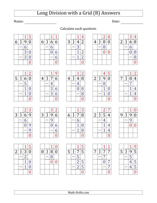 The 2-Digit by 1-Digit Long Division with Grid Assistance and Prompts and NO Remainders (B) Math Worksheet Page 2
