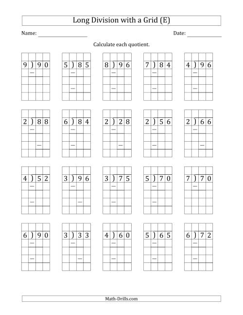 The 2-Digit by 1-Digit Long Division with Grid Assistance and Prompts and NO Remainders (E) Math Worksheet