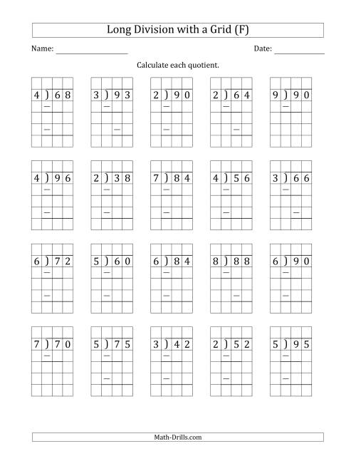 The 2-Digit by 1-Digit Long Division with Grid Assistance and Prompts and NO Remainders (F) Math Worksheet