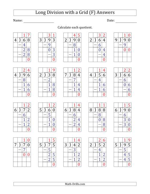 The 2-Digit by 1-Digit Long Division with Grid Assistance and Prompts and NO Remainders (F) Math Worksheet Page 2