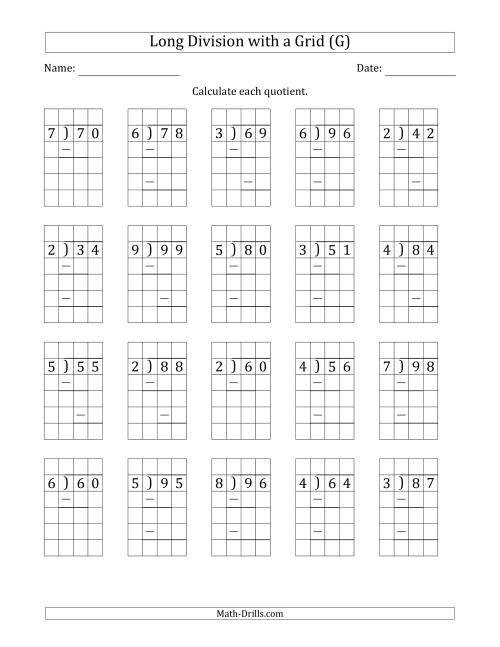 The 2-Digit by 1-Digit Long Division with Grid Assistance and Prompts and NO Remainders (G) Math Worksheet