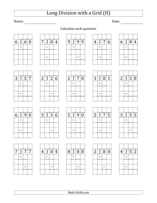 The 2-Digit by 1-Digit Long Division with Grid Assistance and Prompts and NO Remainders (H) Math Worksheet