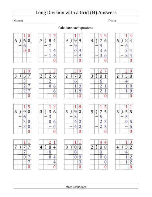 The 2-Digit by 1-Digit Long Division with Grid Assistance and Prompts and NO Remainders (H) Math Worksheet Page 2