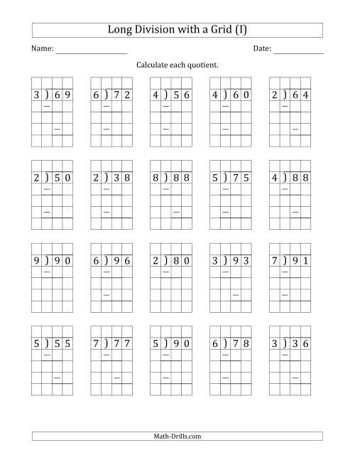 The 2-Digit by 1-Digit Long Division with Grid Assistance and Prompts and NO Remainders (I) Math Worksheet