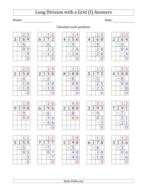The 2-Digit by 1-Digit Long Division with Grid Assistance and Prompts and NO Remainders (I) Math Worksheet Page 2