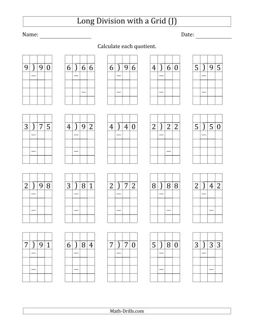 The 2-Digit by 1-Digit Long Division with Grid Assistance and Prompts and NO Remainders (J) Math Worksheet