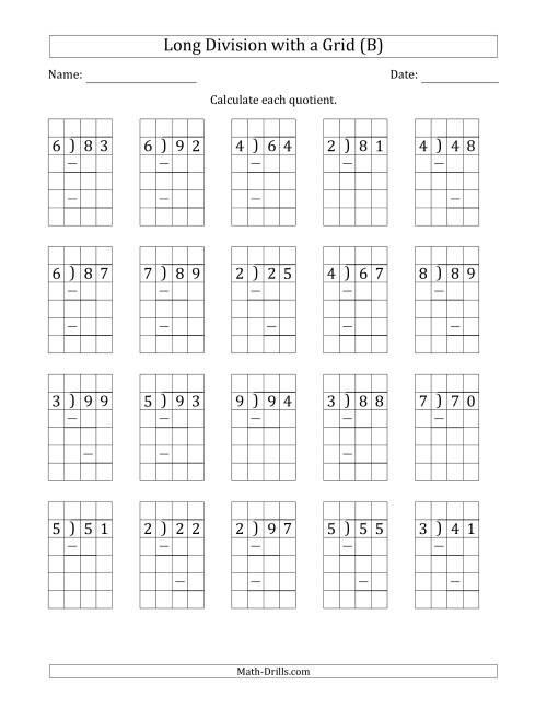 The 2-Digit by 1-Digit Long Division with Grid Assistance and Prompts and Remainders (B) Math Worksheet