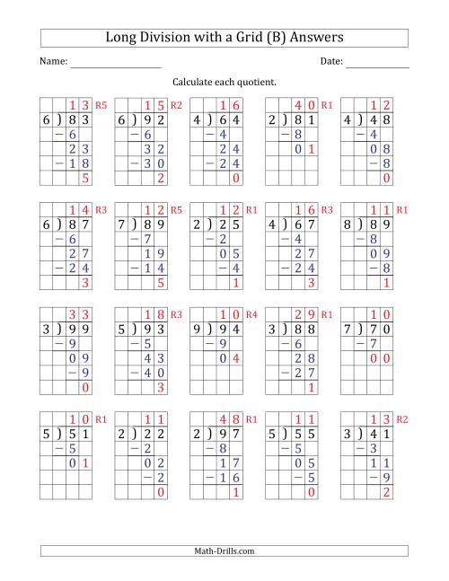The 2-Digit by 1-Digit Long Division with Grid Assistance and Prompts and Remainders (B) Math Worksheet Page 2