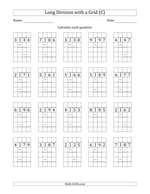 The 2-Digit by 1-Digit Long Division with Grid Assistance and Prompts and Remainders (C) Math Worksheet