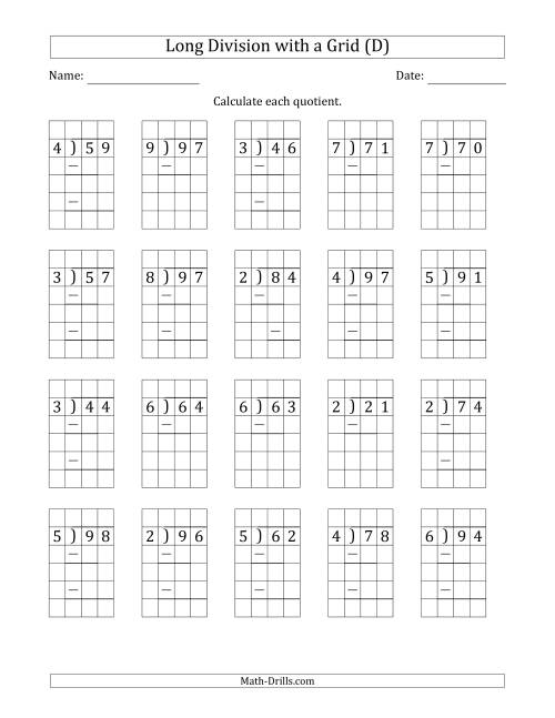 The 2-Digit by 1-Digit Long Division with Grid Assistance and Prompts and Remainders (D) Math Worksheet