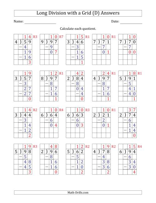 The 2-Digit by 1-Digit Long Division with Grid Assistance and Prompts and Remainders (D) Math Worksheet Page 2