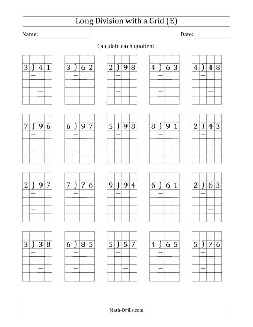 The 2-Digit by 1-Digit Long Division with Grid Assistance and Prompts and Remainders (E) Math Worksheet