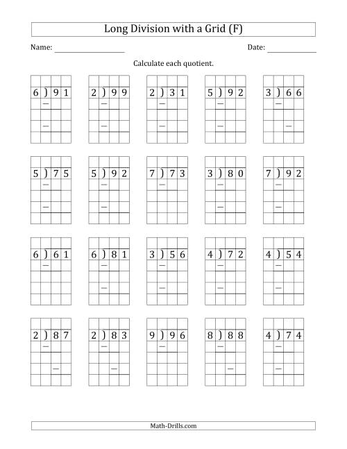 The 2-Digit by 1-Digit Long Division with Grid Assistance and Prompts and Remainders (F) Math Worksheet