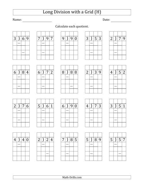 The 2-Digit by 1-Digit Long Division with Grid Assistance and Prompts and Remainders (H) Math Worksheet