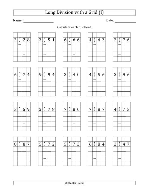 The 2-Digit by 1-Digit Long Division with Grid Assistance and Prompts and Remainders (I) Math Worksheet