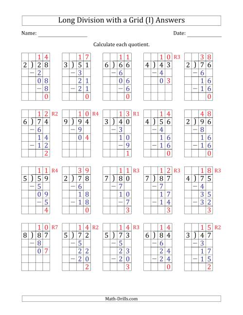The 2-Digit by 1-Digit Long Division with Grid Assistance and Prompts and Remainders (I) Math Worksheet Page 2