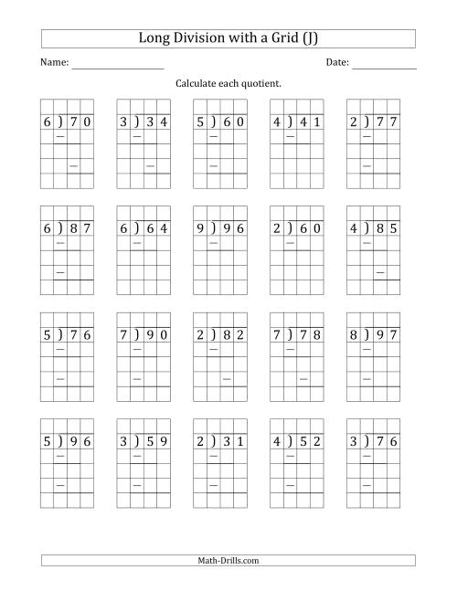 The 2-Digit by 1-Digit Long Division with Grid Assistance and Prompts and Remainders (J) Math Worksheet