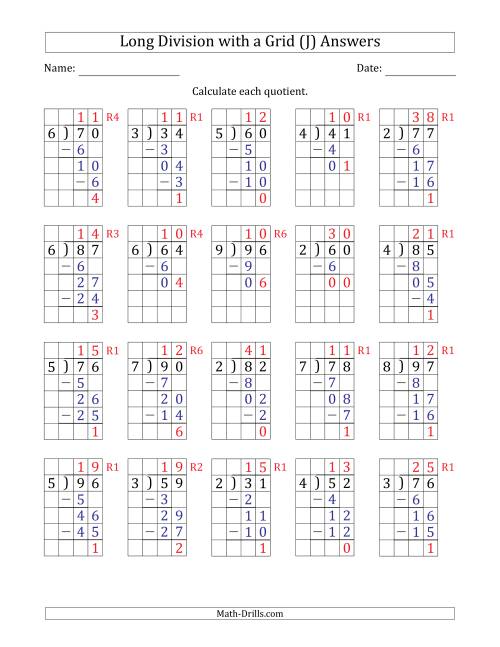 The 2-Digit by 1-Digit Long Division with Grid Assistance and Prompts and Remainders (J) Math Worksheet Page 2