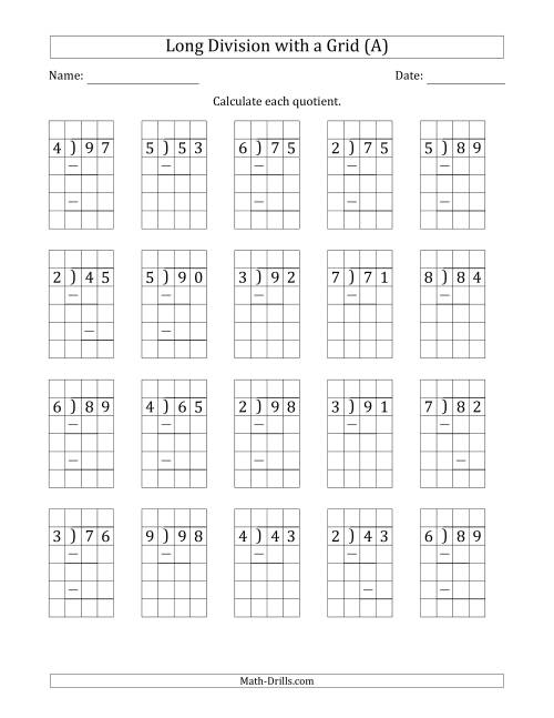 The 2-Digit by 1-Digit Long Division with Grid Assistance and Prompts and Remainders (All) Math Worksheet