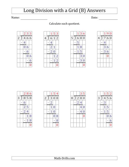 The 3-Digit by 1-Digit Long Division with Grid Assistance and NO Remainders (B) Math Worksheet Page 2