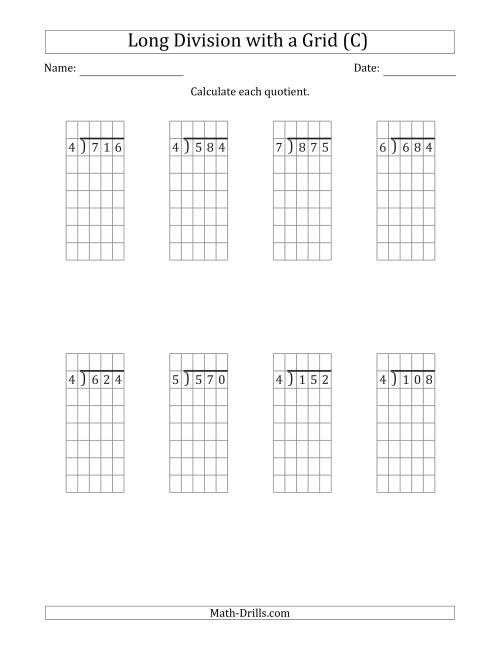 The 3-Digit by 1-Digit Long Division with Grid Assistance and NO Remainders (C) Math Worksheet