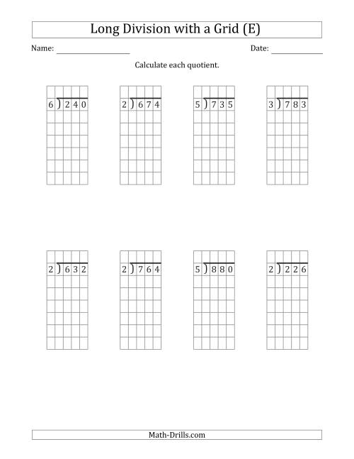 The 3-Digit by 1-Digit Long Division with Grid Assistance and NO Remainders (E) Math Worksheet